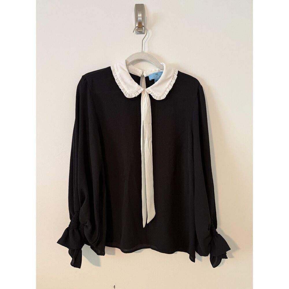 CeCe Black Blouse with White Peter Pan Collar & Tie Neck